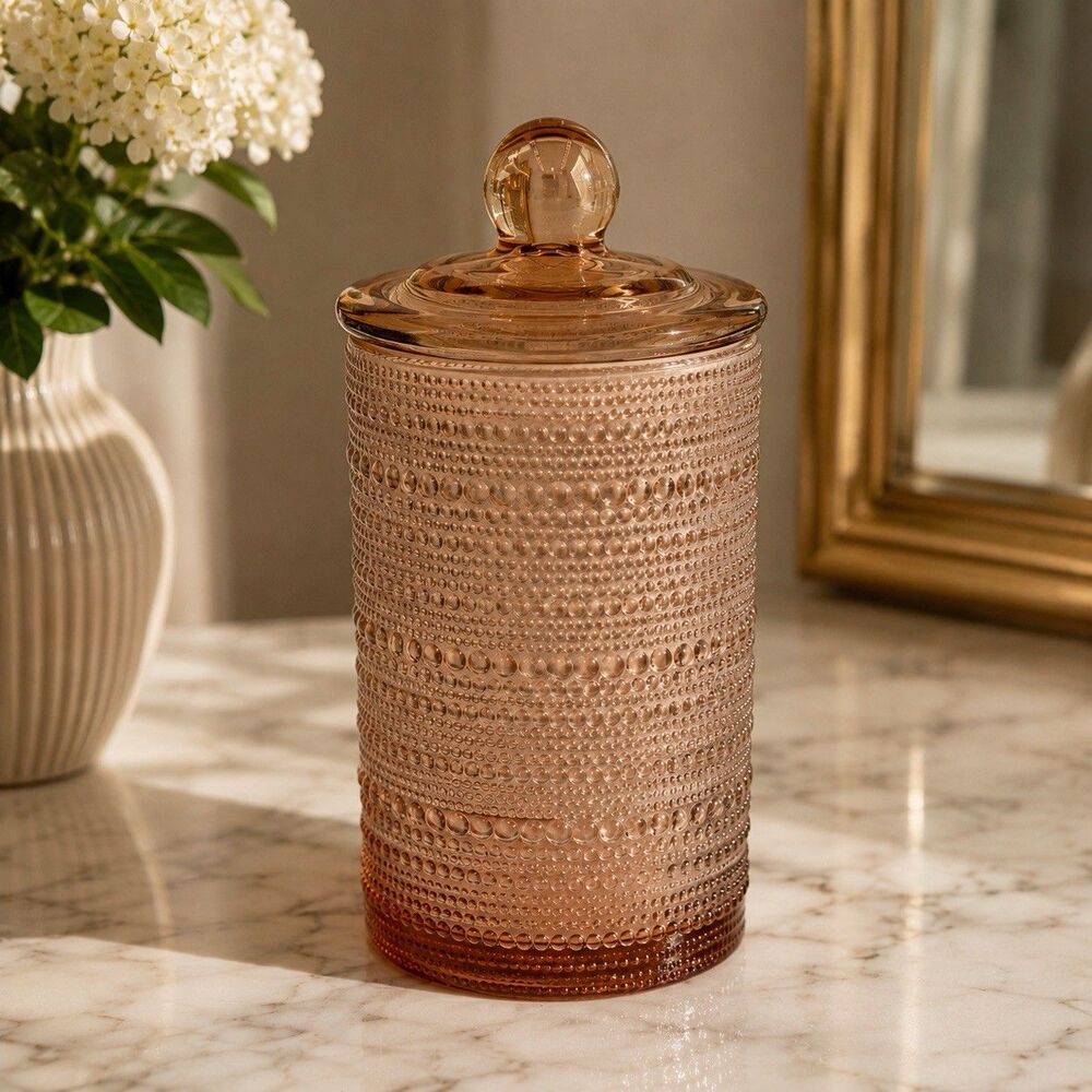 Pink Beaded Hobnail Glass Canister Jar w Lid Apothecary Vanity Bubble 8”